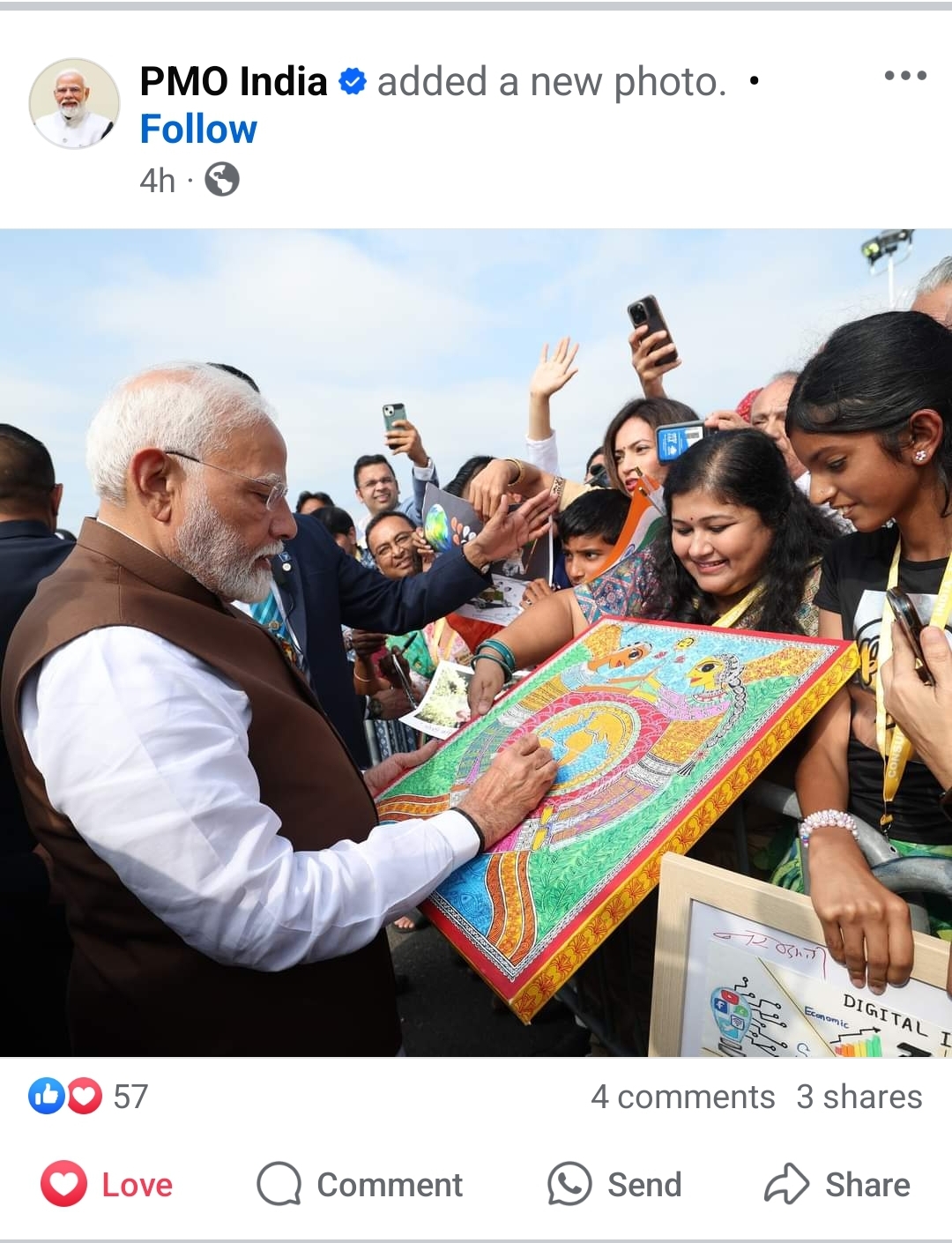 Hon. Prime Minister of India Shri Narendra Modi autographed Vasudhaiv Kutumbkam - Kavach (Shield) during his trip to USA, 2024 This image was featured on PMO INDIA Facebook page.